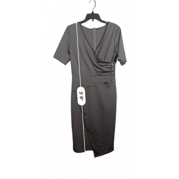 Size M gray dress short sleeve asymmetrical hem gold buttons stretchy vneck midi - Picture 3 of 8